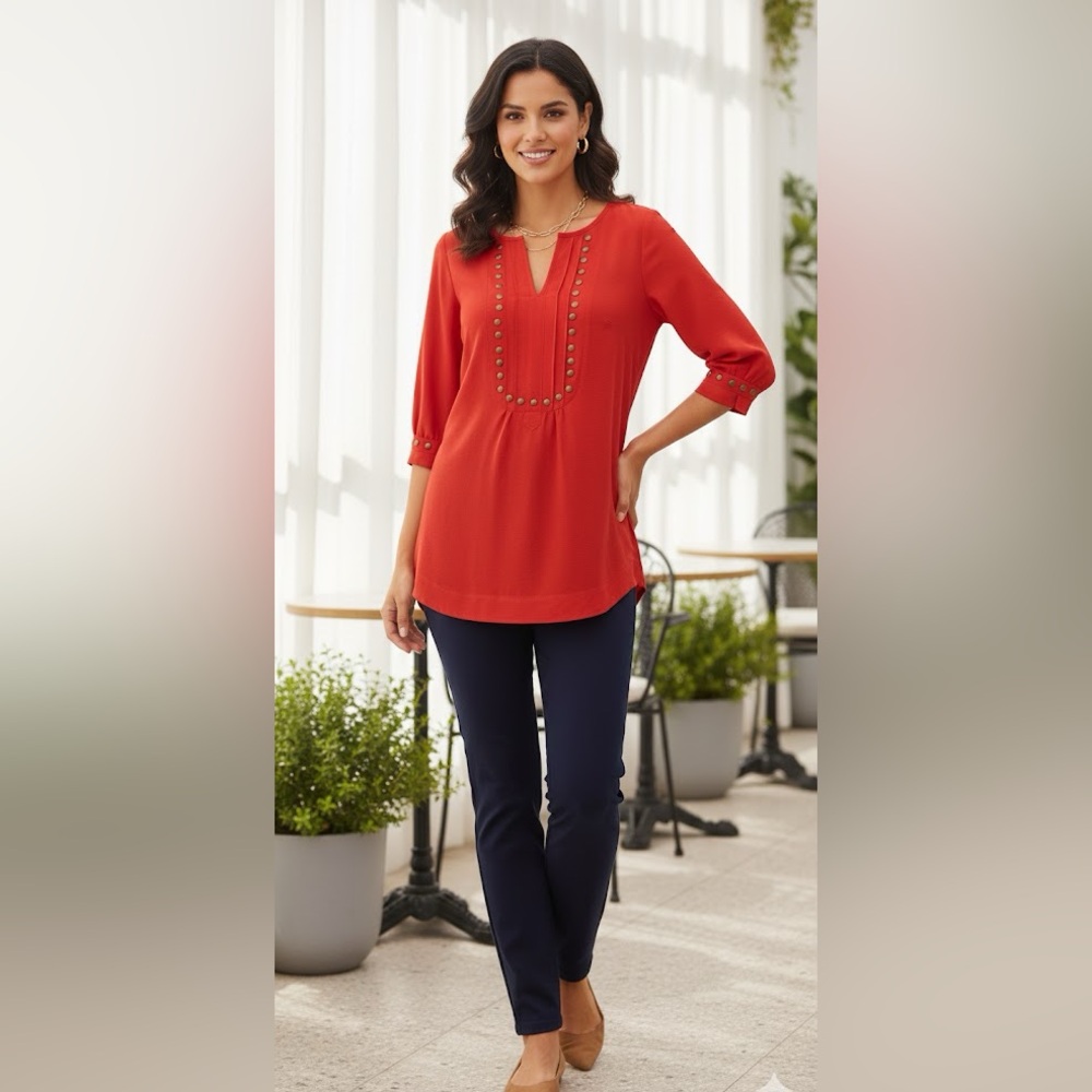 Angie Black V-Neck Chiffon Gold Studded Short Sleeve Blouse Red size medium